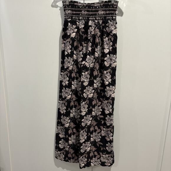 DaHui Hawaii Pants Womens Medium Black White Floral Wide Leg Linen Blend Smocked - Picture 9 of 16